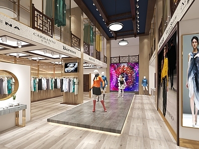 现代中式服装店 女装店 女士衣帽组合 服装店展示架 女士模特 服装店T台