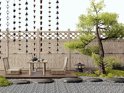 日式庭院 雨链 户外茶桌椅 松树 苔藓石头 竹篱笆围栏