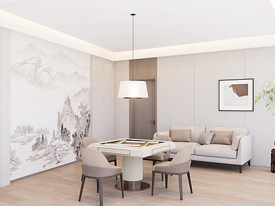 现代新中式棋牌室 麻将 山水 沙发 吊灯 盆景