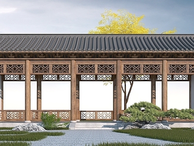现代其他景观小品 中式长廊