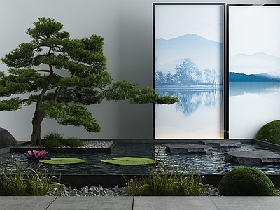 现代其他景观小品 新中式松树水池景观