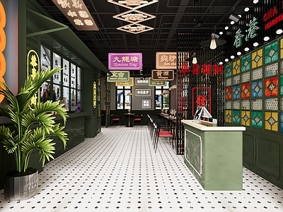 复古茶餐厅 港式茶餐厅 收银台 港式背景墙 卡座