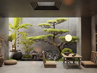 侘寂茶室 茶桌椅 室内景观 松树 植物造景 水钵雨链