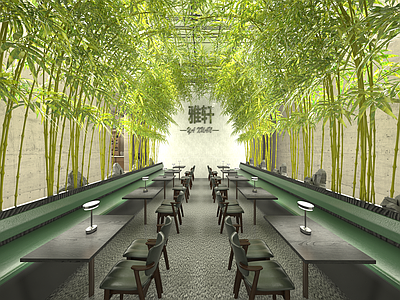 新中式禅意中餐厅 竹子 新中式餐厅 绿 白色 黑色