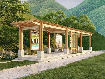 现代新中式景观公园 廊架 公交站厅 公园小品 休闲空间 户外廊架