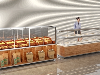 现代简约甜品面包店 原木面包货柜 货架 中点货架 面包柜台 烘焙店柜台