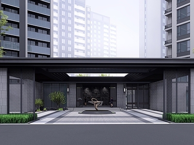 新中式现代小区景观 小区入口廊架 连廊 示范区 入口水景
