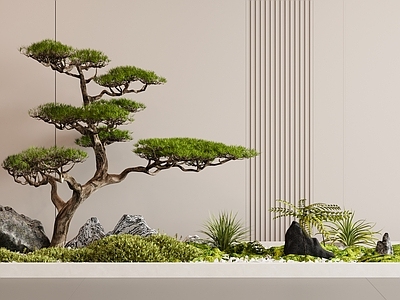 新中式中式假山水景 景观 植物堆 盆栽 造景