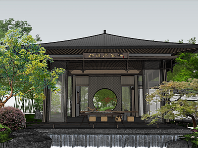 新中式中式别墅庭院 中式庭院 连廊廊架 新中式别墅