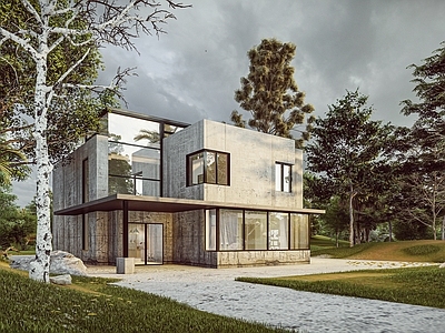 现代风格建筑 混泥土房 森林