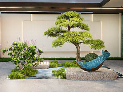 新中式庭院小品 新中式庭院小品 门口景观 石头小品 植物景观