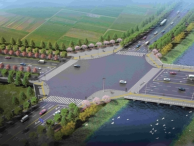 现代滨水景观 道路十字路口