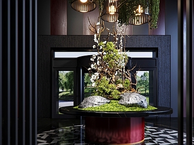 现代酒店大堂 现代酒店大厅 网红造景 吊灯 枯木造景 旋转大门