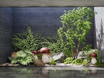 现代室内景观 天井室内景观 植物堆 蘑菇 乔木 植物造景