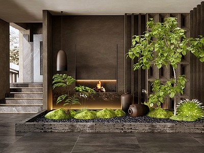 侘寂室内景观 玄关造景 镂空隔断 陶罐花瓶 植物造景 楼梯景观