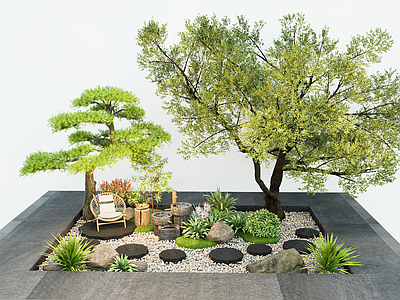 植物组合 新中式禅意景观 磨盘汀步水砵 园林铺地 微地形 景观小品 碎石步道