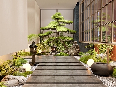 新中式室内景观 过道 石板汀步 植物造景 天井景观 庭院小品