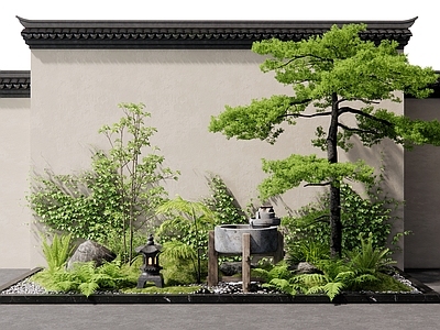 新中式庭院 植物堆 松树 罗汉松 石磨水景 花草