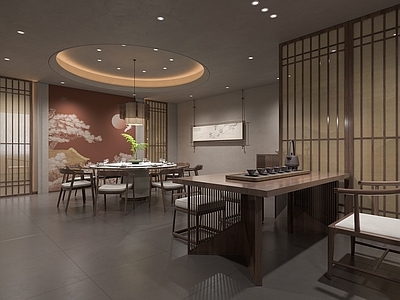 新中式包厢 新中式包厢 餐桌 茶桌 背景墙 吊顶造型