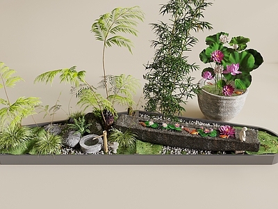 现代庭院小品 景观造景 植物景观 荷花缸 竹子 植物堆