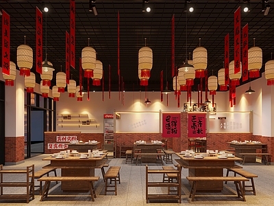 现代复古火锅店 门头 火锅桌椅 灯笼 对联装饰 墙饰