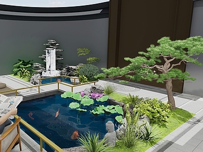 中式新中式别墅庭院 中式 庭院 水景 景观