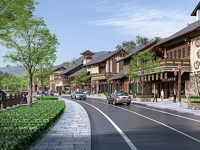 中式滨水景观 民族 商业街 商业街建筑 商业 道路