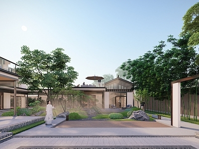 现代新中式别墅庭院 下沉庭院