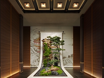 新中式室内景观 新中式室内造景 卷轴装置 植物装置