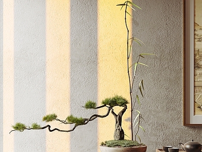 新中式中古摆件组合 绿植摆件 盆景 迎客松盆景 桌面摆件 宋式摆件组合