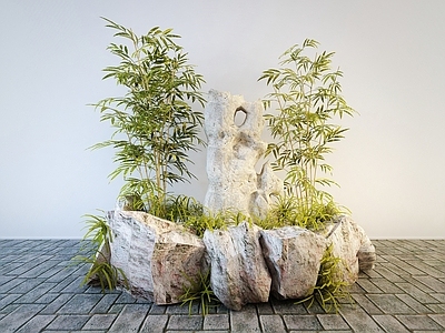 现代其他景观小品 中式假山石头竹子景观小品