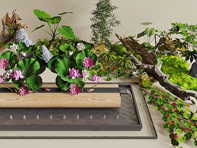 现代其他景观小品 景观造景 水景 荷花 植物景观 枯木绿植摆件