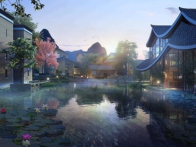 新中式中式街道外景 商业街外景 中式商业街 商业街夜景 中心水景