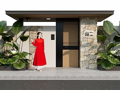 现代庭院门 现代别墅庭院大门 别墅入户大门 植物堆 阔叶植物 庭院入户门 花园大门