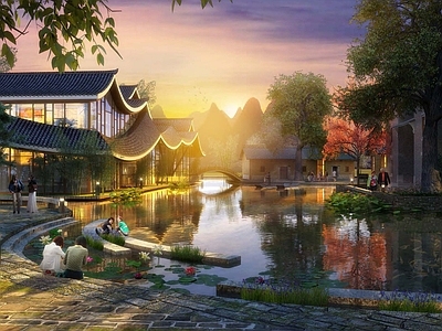 新中式中式街道外景 中式商业街 中心水景