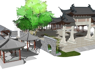 新中式中式古建筑 古建筑牌坊 中式长廊 亭子组合
