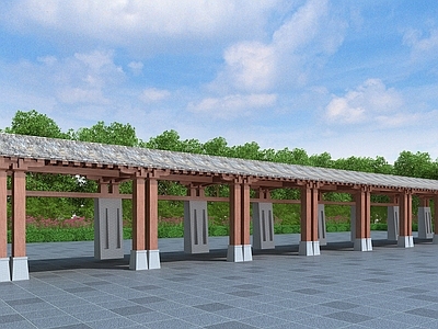 现代新中式廊架 坡屋顶廊架 长廊游廊 回廊 走廊