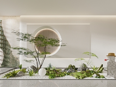 现代新中式室内景观 楼梯景观 天井 景观造景 植物堆 庭院景观
