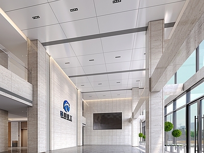 现代轻奢办公大厅 大厅 过道 深色地面 挑空大厅 内嵌屏幕