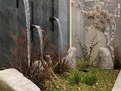 现代室内景观 绿植造景 小景 墙出水