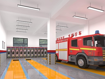 现代党政机关 消防 消防车 消防员 车库 防火服