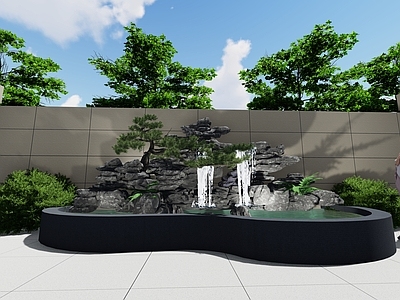 现代新中式乡村庭院 庭园假山 假山流水 英德市 D5渲染