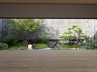 中式乡村庭院 中式庭院后花园 造型松 枯山水