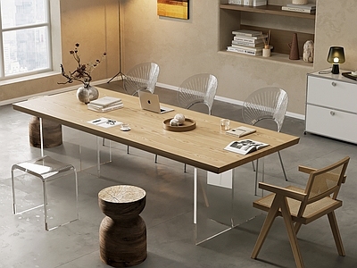 侘寂现代会议室 办公会议室 会议桌椅组合 大板桌 办公桌 亚克力椅子