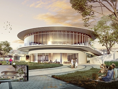 现代简约驿站 滨水圆形驿站建筑 滨水驿站广场 弧形二层建筑 现代滨水驿站景观