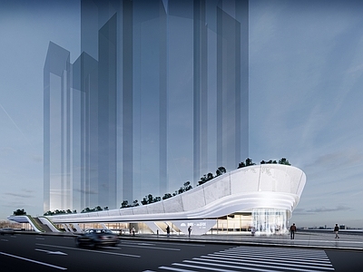 现代售楼处建筑 超现代曲线售楼处 转角商业 屋顶花园 异形建筑