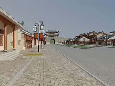 现代古建筑街道场景