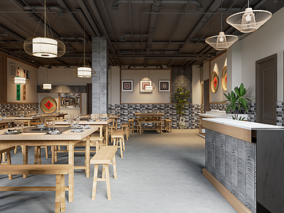 新中式工业火锅店 火锅店 前台 餐桌 调料台 灯具