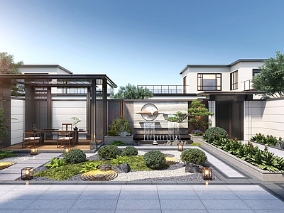 新中式庭院 新中式庭院景观 居家庭院 景观小品 凉亭 水景