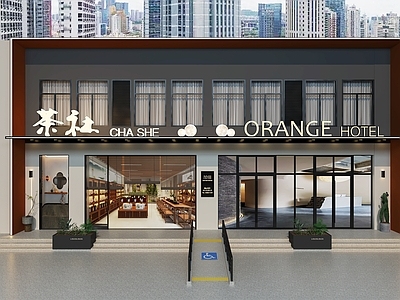 现代新中式茶叶店 茶叶店门头 两个门头并排 连廊